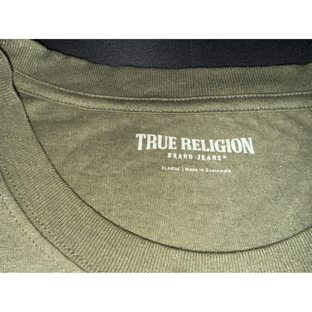 True Religion Mens XL Olive Green Graphic Tee‎ Crafted With Pride Horseshoe Logo
